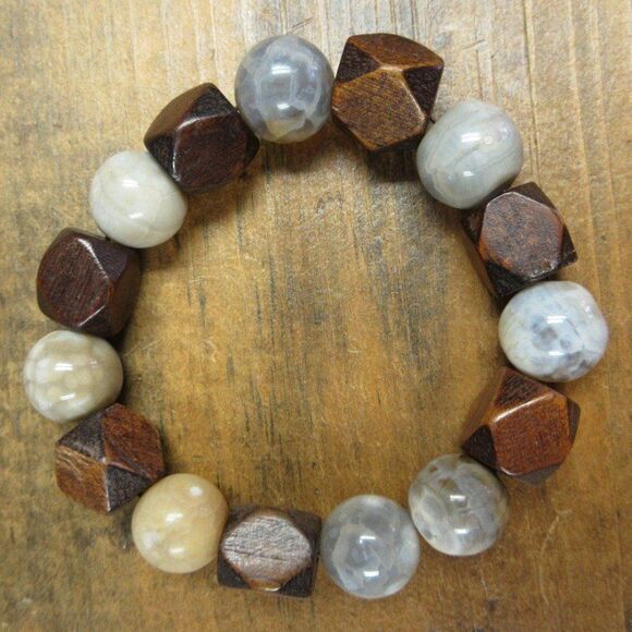 MERRISOTA JEWELRY Agate and Wood Stretch Bracelet Womens Sz 6 3/4" Gemstones NEW - Picture 3 of 6